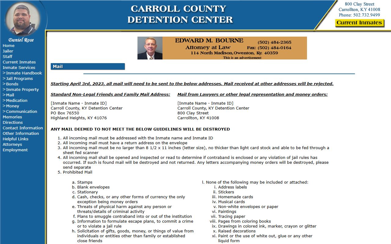 Carroll County Detention Center inmate mail rules and address
